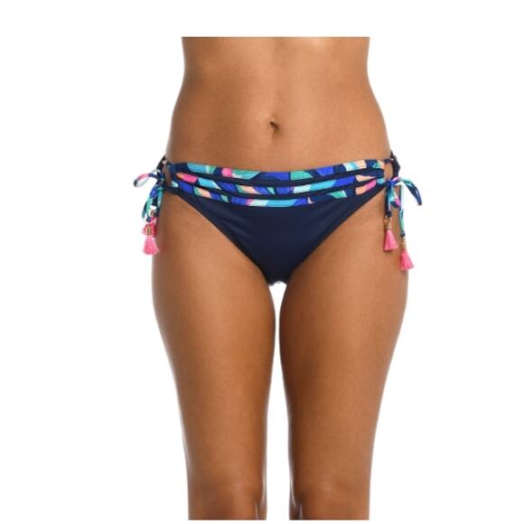 La Blanca catalina side tassel Tie Hipster Bikini Bottom navy Painted Leaves 6 - Picture 1 of 5